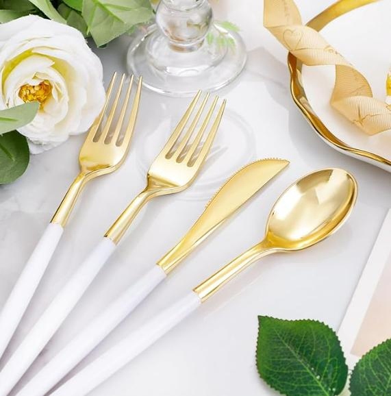 Heavy Duty White and Gold Plastic Silverware