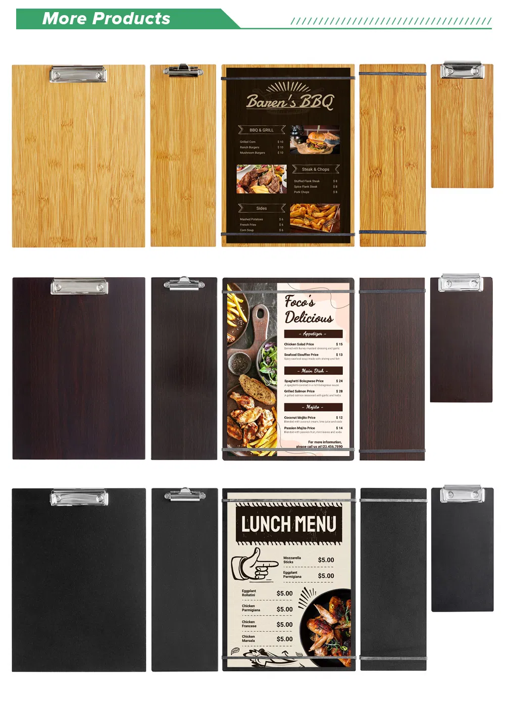 Customizable Natural Wood Black Brown Color Menu Holder Board with Straps