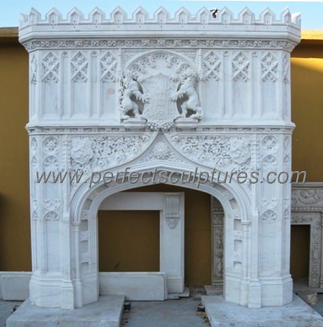 Luxurious White Stone Marble Fireplace Surround with Antique Double Over Mantel (QY-LS825)