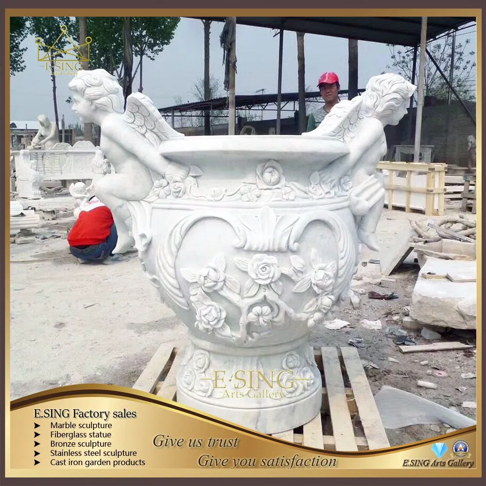 Detailed Hand Carved White Marble Angel Planter Natural Stone Flower Pot Urns