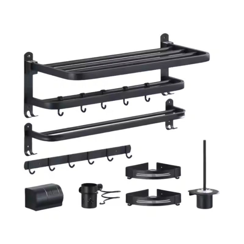 Modern Black Stainless Steel 304 Wall Hanging Bath Towel Rack Non-Perforated Single Bar Folding Design for Small Bathrooms