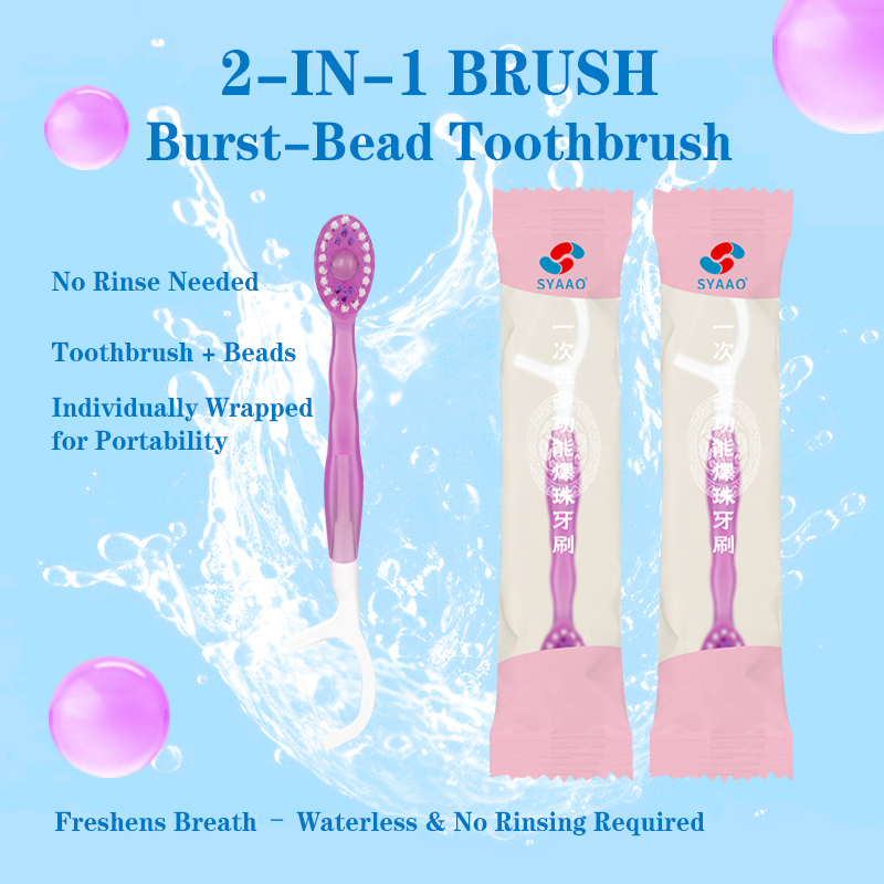 Three-in-One Water-Free Disposable Toothbrush with Double Bead Floss and Blast Bead Fresh Breath Cleaning Brushes