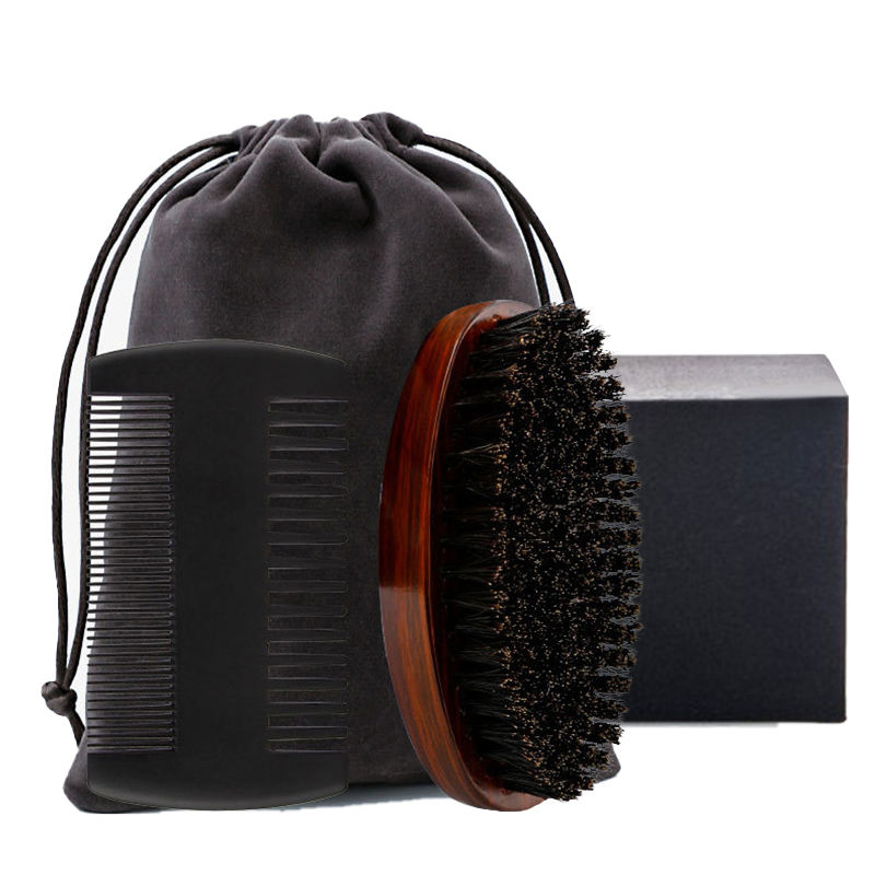 Gift Box / Bag Wooden Boar Bristle Beard Comb Brush Kit Custom Logo Barber Salon Beard Brush and Comb Set for Men