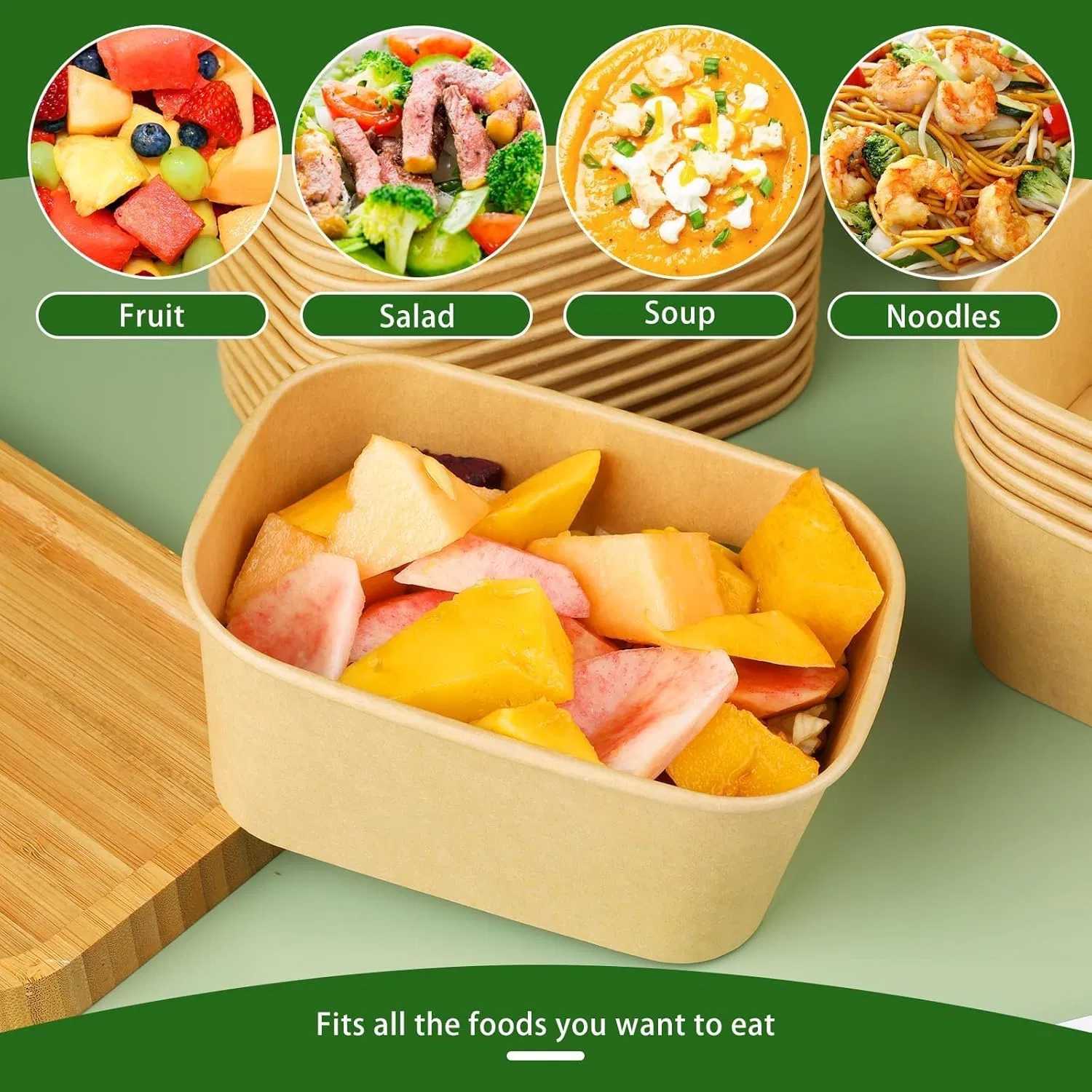 500ml Disposable Kraft Rectangle Paper Bowl with PP Lid Salad Bowl Takeaway
