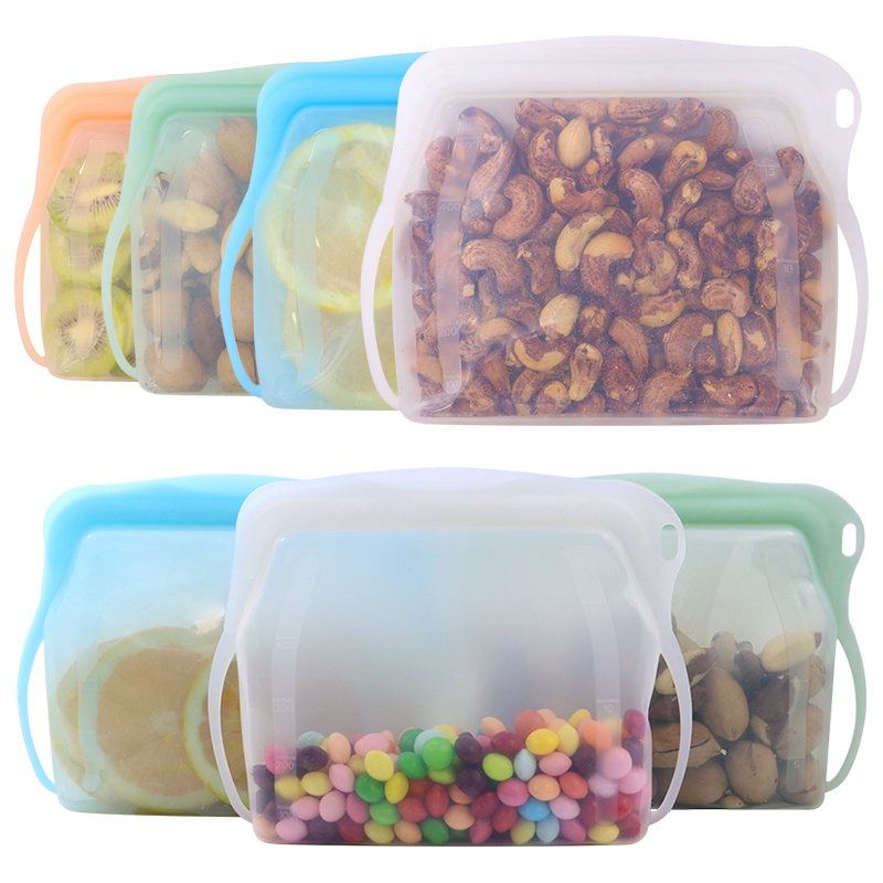 Small Capacity 500ml Reusable Eco-Friendly Microwave Safe Airtight Silicone Snack Storage Silicon Food Bags with Zipper