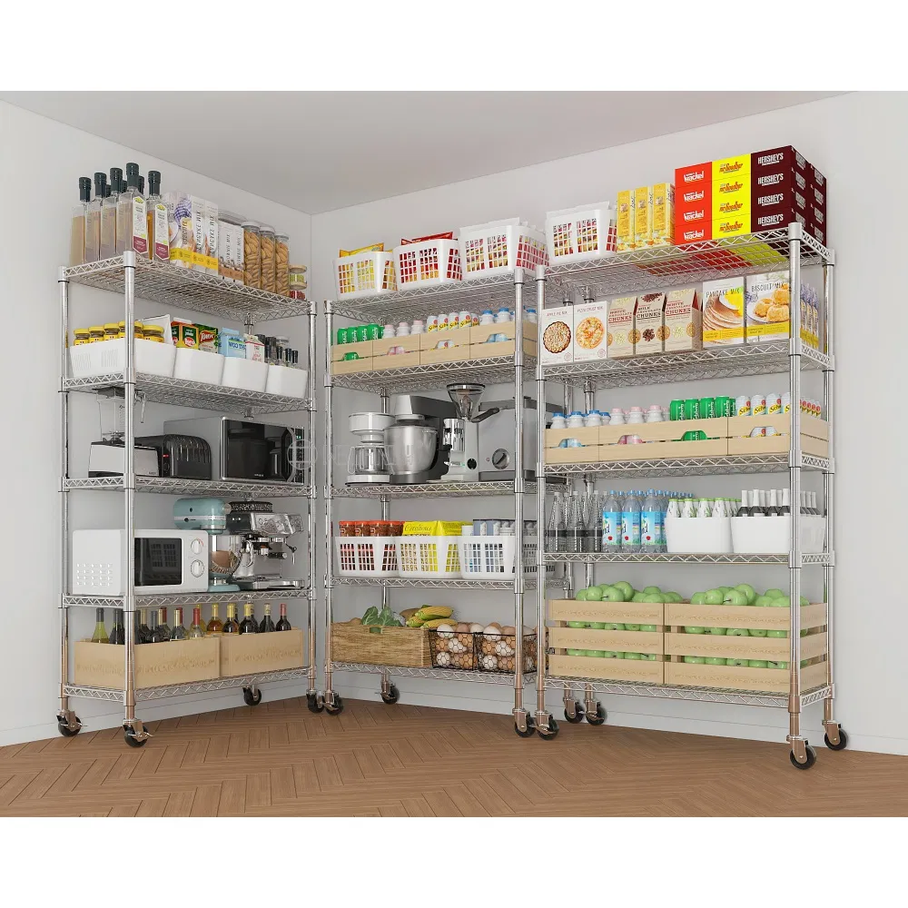 Security and Stability Rolling Rack 5 Tiers Metal Wire Shelf on Wheels for Restaurants Storage