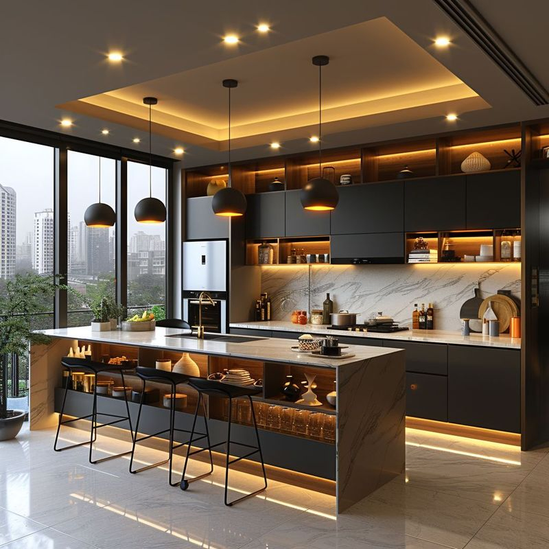Plywood Modern Marble Island Lacquered Finish Extra Modern Design Distinguished Kitchen Cabinet
