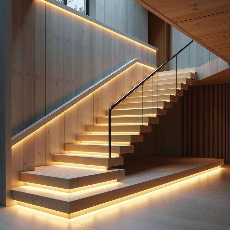 American White Oak Solid Wood Steel Staircase Straight Shape Centre Beam Glass Railing Stairs Design