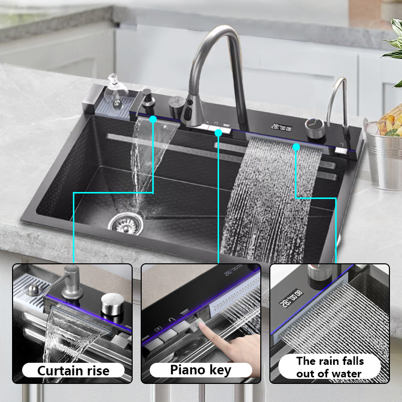 Smart Stainless Steel Kitchen Sink with Multifunctional Waterfall Sink and Faucet