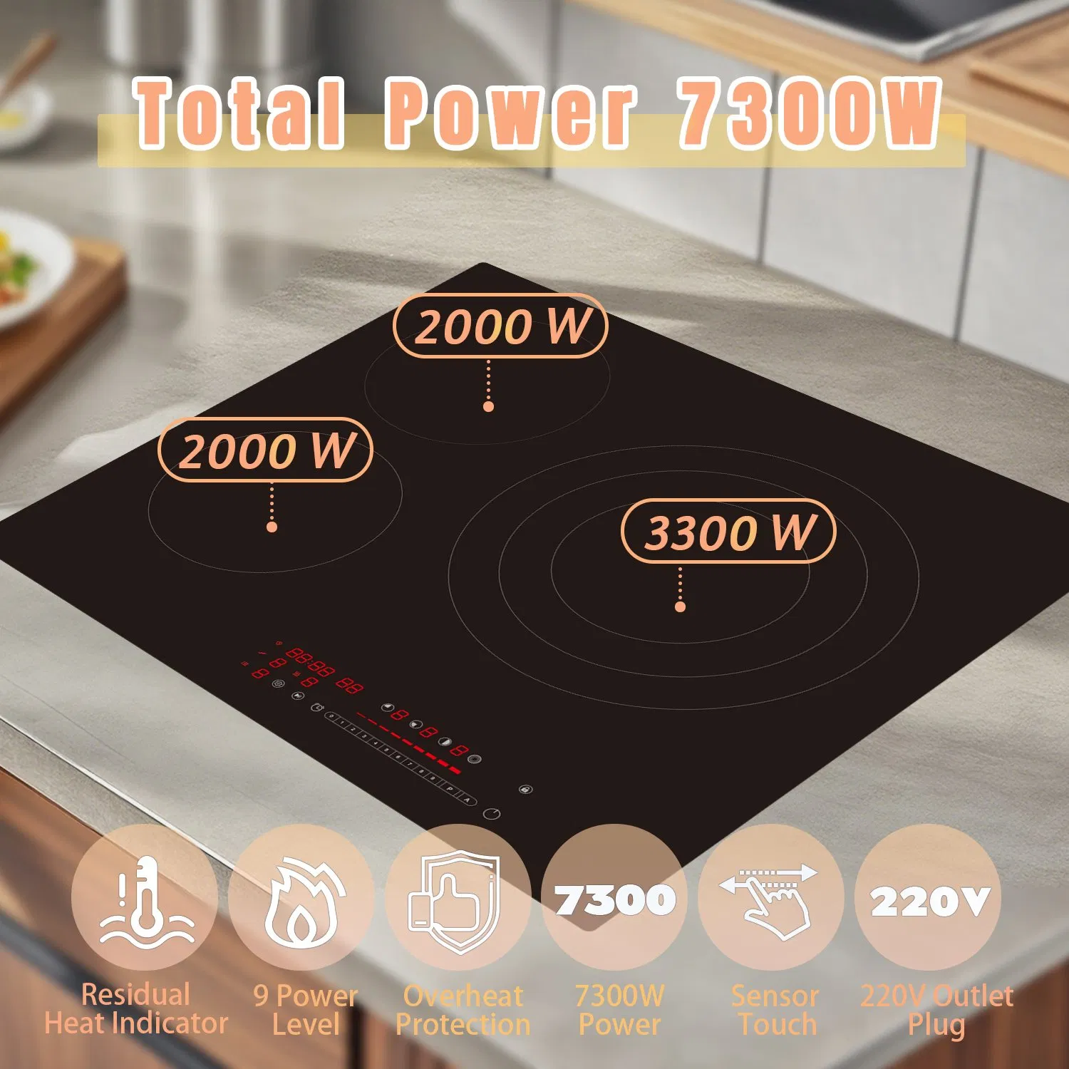 24 Inch Electric Cooktop, 3 Burner Built-in Radiant Stove Top, Stainless Steel Frame, Dual Zone Ceramic Glass Hob, Touch Slide Control, 9 Power Levels, Timer