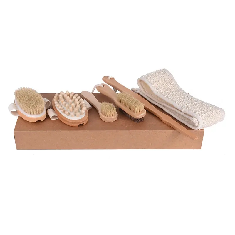 6PCS Set Hot Sell Natural Boar Bristle Long Handle or Handhold Set Detachable Design Massage Bath Brush for Body Care Brush