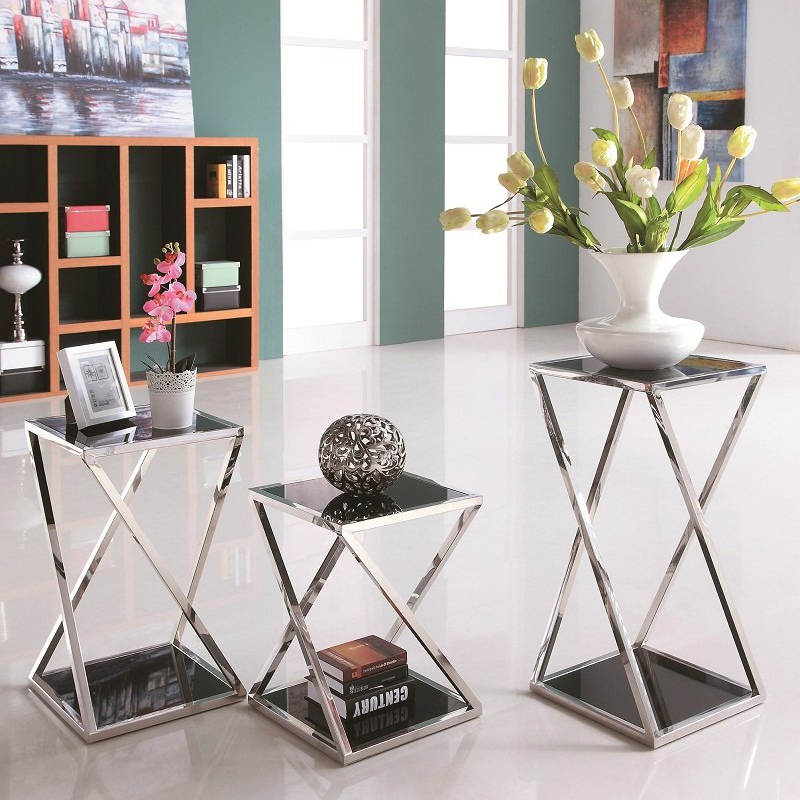 Sunlink Simple Gloden Metal Side Table Black Glass Flower Stand for Living Room Furniture Set