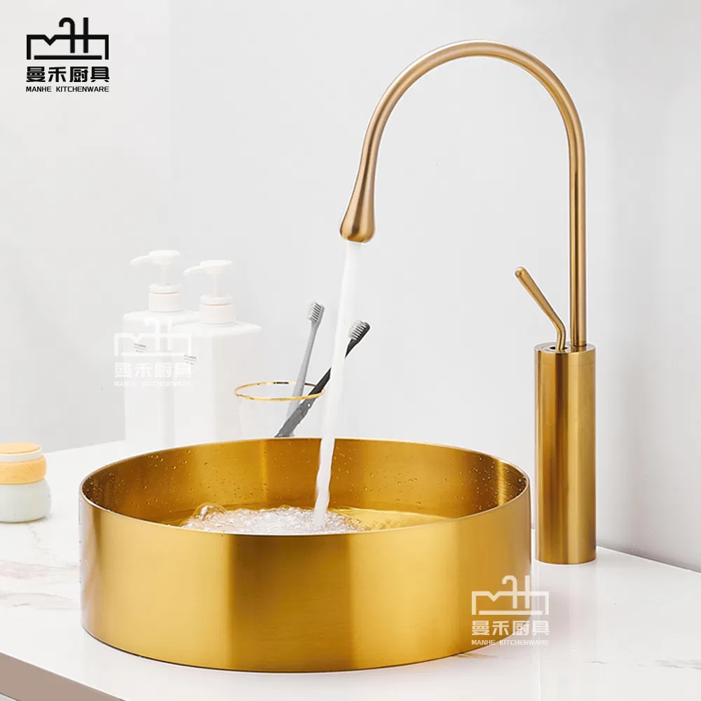 Golden Stainless Steel Vessel Art Sink Golden Bathroom Sink Round Hotel Basin Countertop