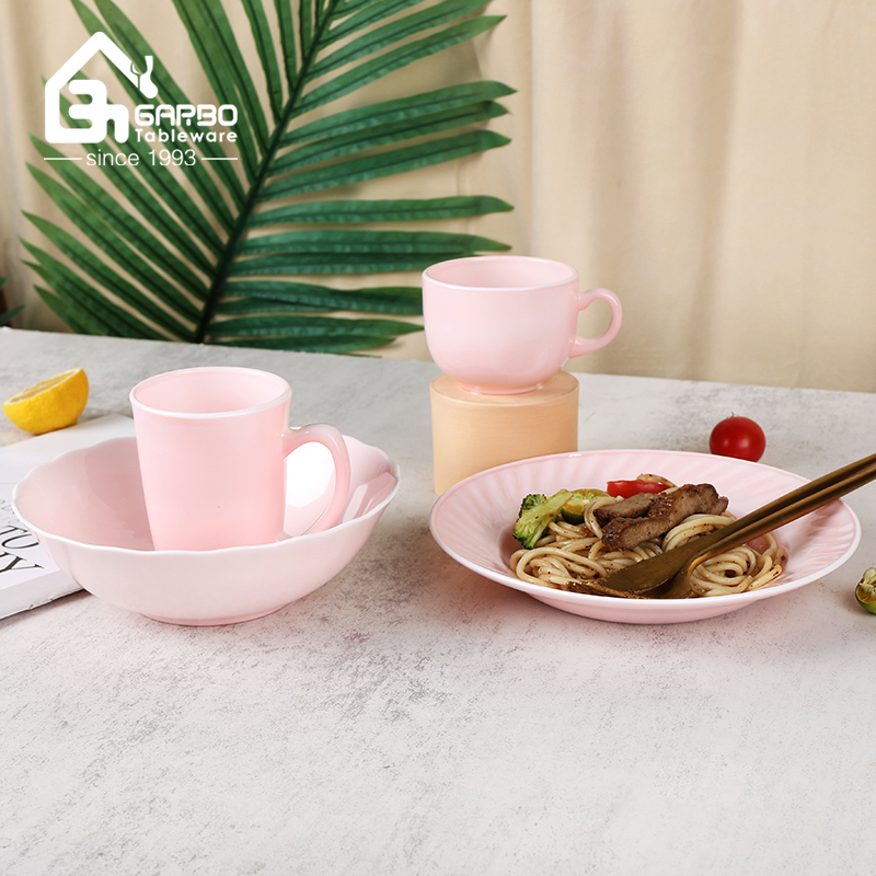 Wholesale Pink Spray Color Opal Glass Dinnerware Set Opal Glass Sets Mug Plates Bowl Set