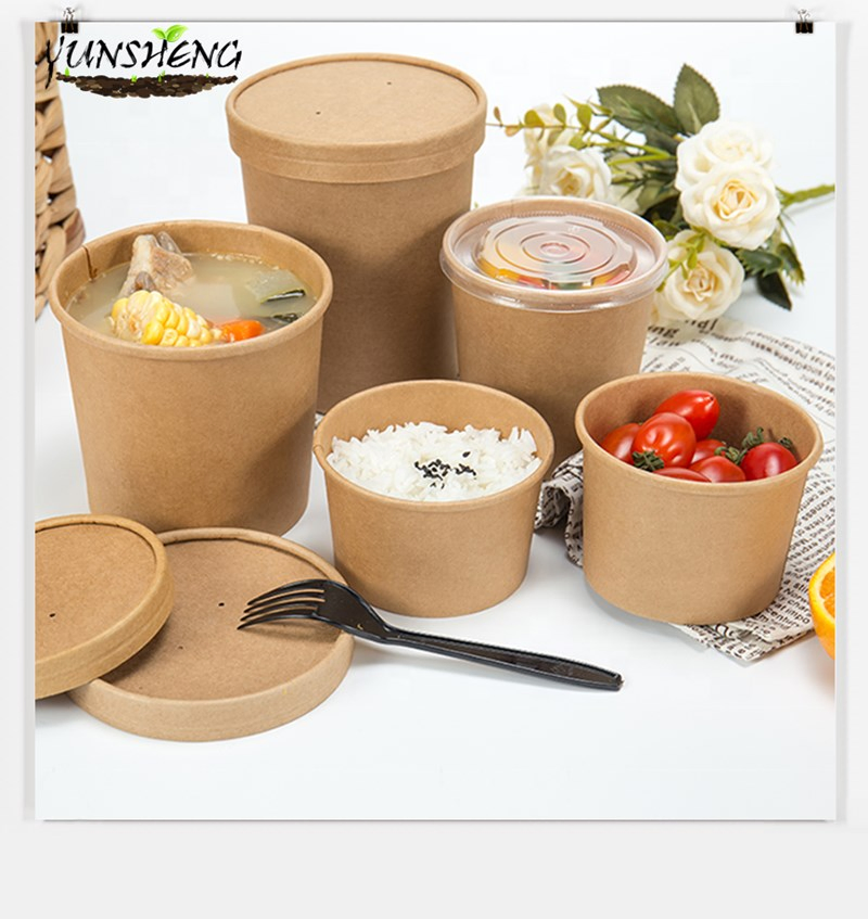 Disposable Takeaway Kraft Paper Soup Cup with PP/Kraft Paper Lid for Soup, Deli, Pasta, Ice Cream, Rice