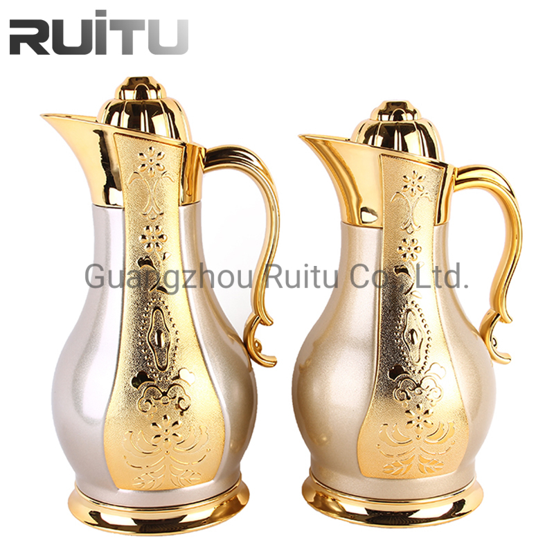 Ruitu Tea Pot Sets Black Gold Modern Saudi Arabian Thermos Coffee Flask Vacuum Pot Jug Metal Body Glass Insert Arabic Coffee Pot Dallah
