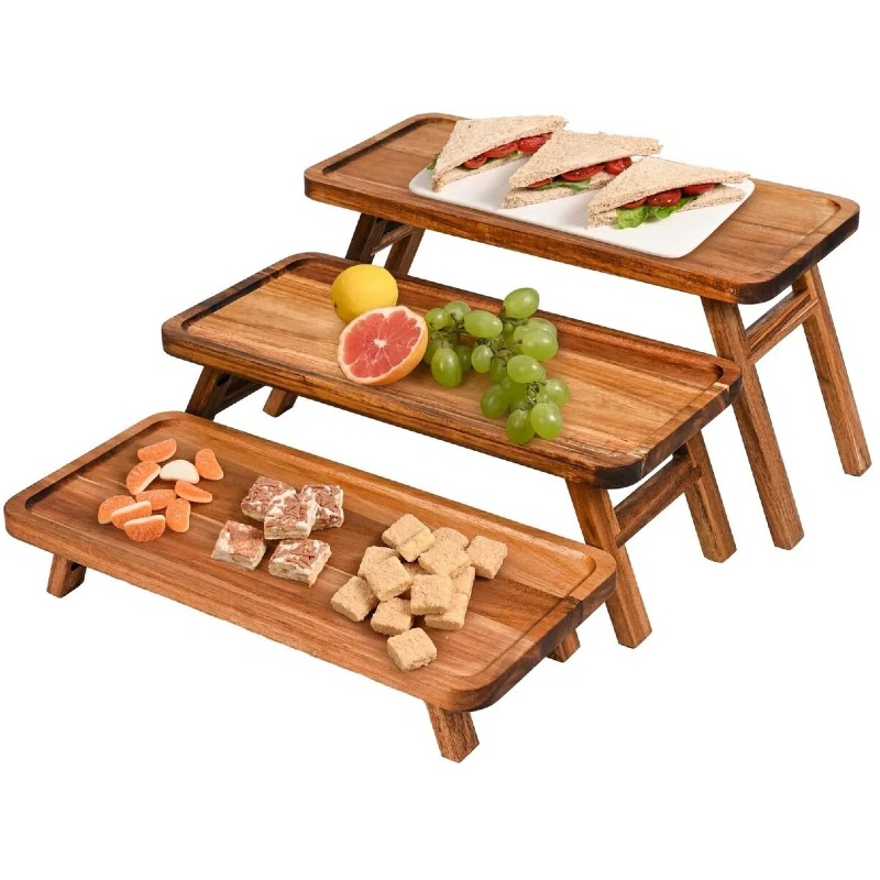 3 Tier Acacia Wooden Tiered Tray Foldable Foldable Table Display Serving Tray for Party Birthday Wedding Christmas
