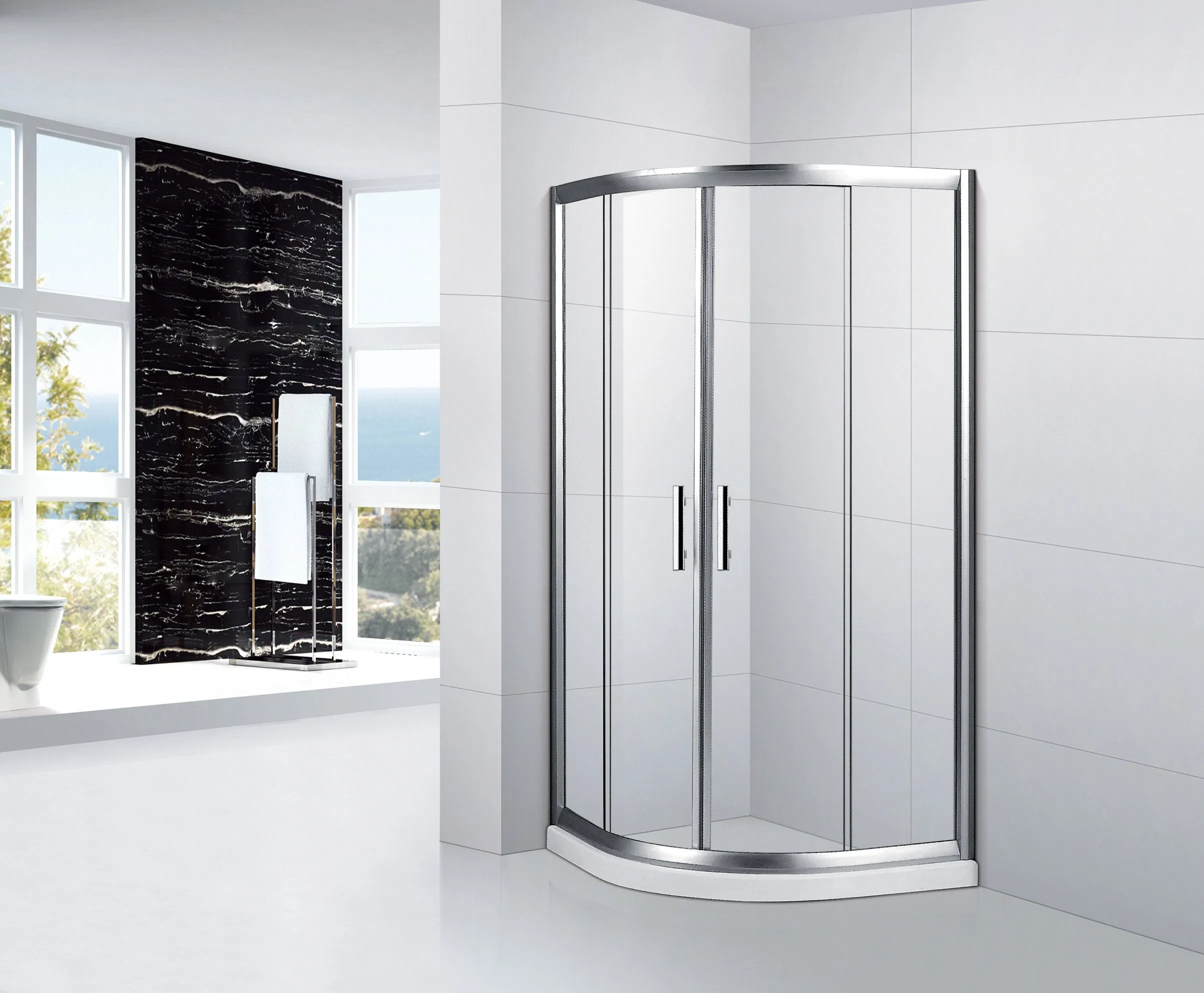 Bathroom with Fixed and Movable Glass Door Screen Shower Enclosure Complete