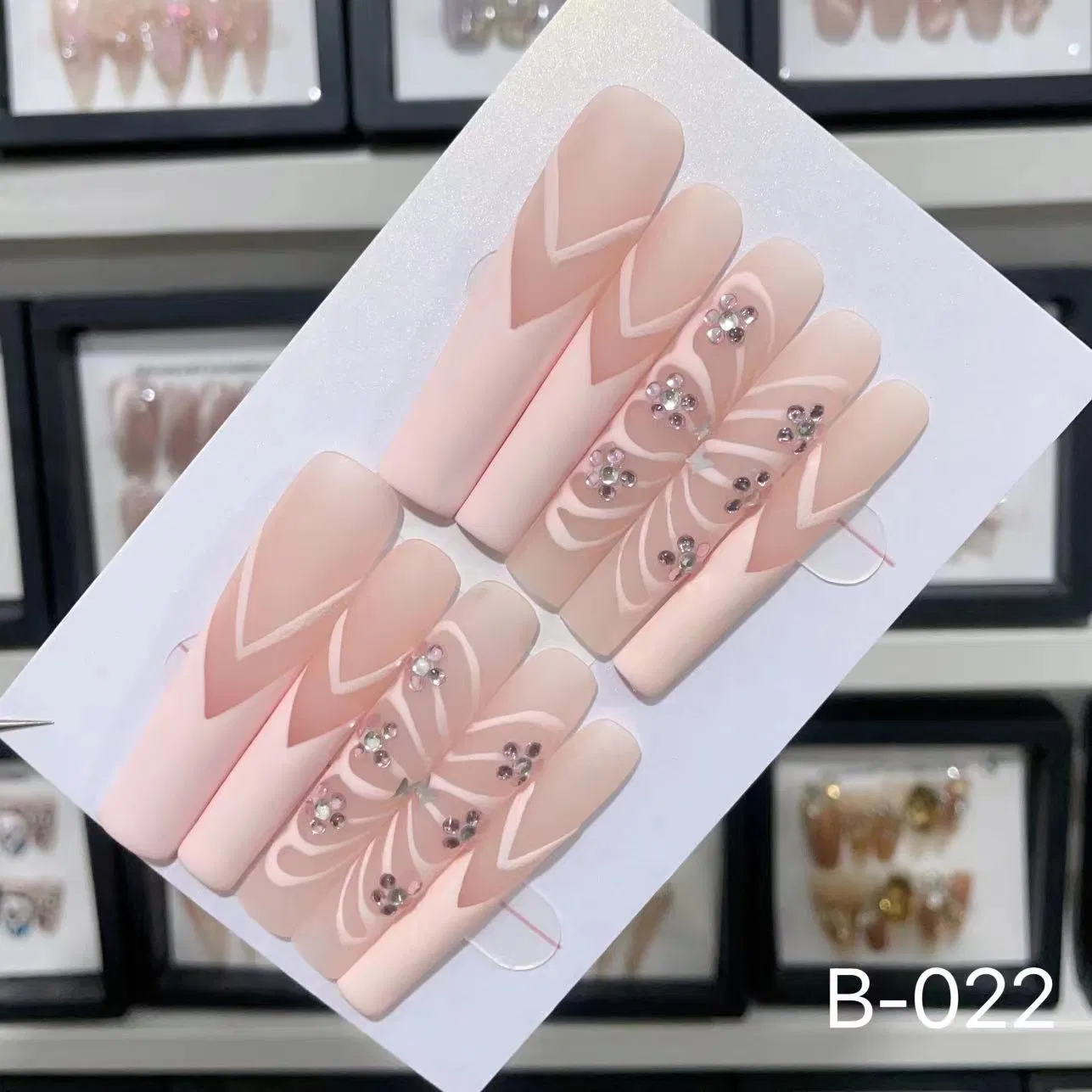 Pink Factory Wholesale Handmade Full Cover The Long Coffin Reusable Detachable 10PCS Hand Painted Luxury Gel Glitter 3D Artificial False Stick Press on Nails