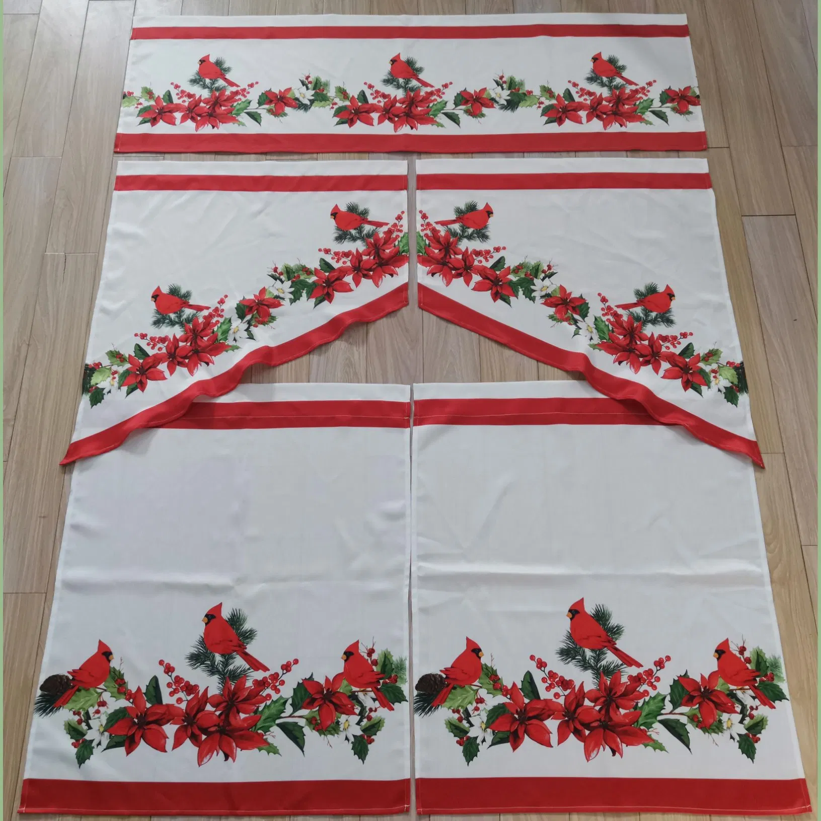 Cardinal and Poinsettia 7 Pieces Digital Printing Kitchen Curtain