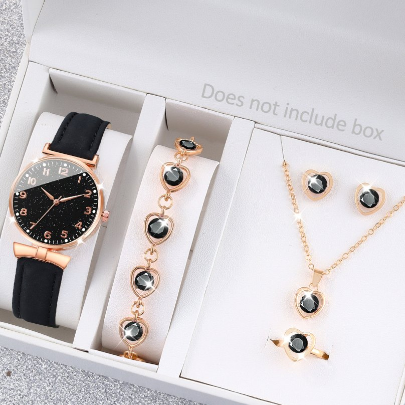 Women's Minimalist Black Watch Set Heart-Shaped Rhinestone Accessories