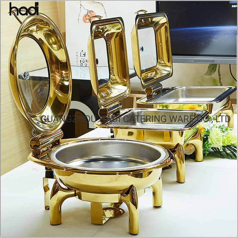 Restaurant and Hotel Supplies Food Warmer Stainless Steel Chafing Dish Roll Top Gold Plated Buffet Chafer Hydraulic Round Glass Lid Chafing Dish