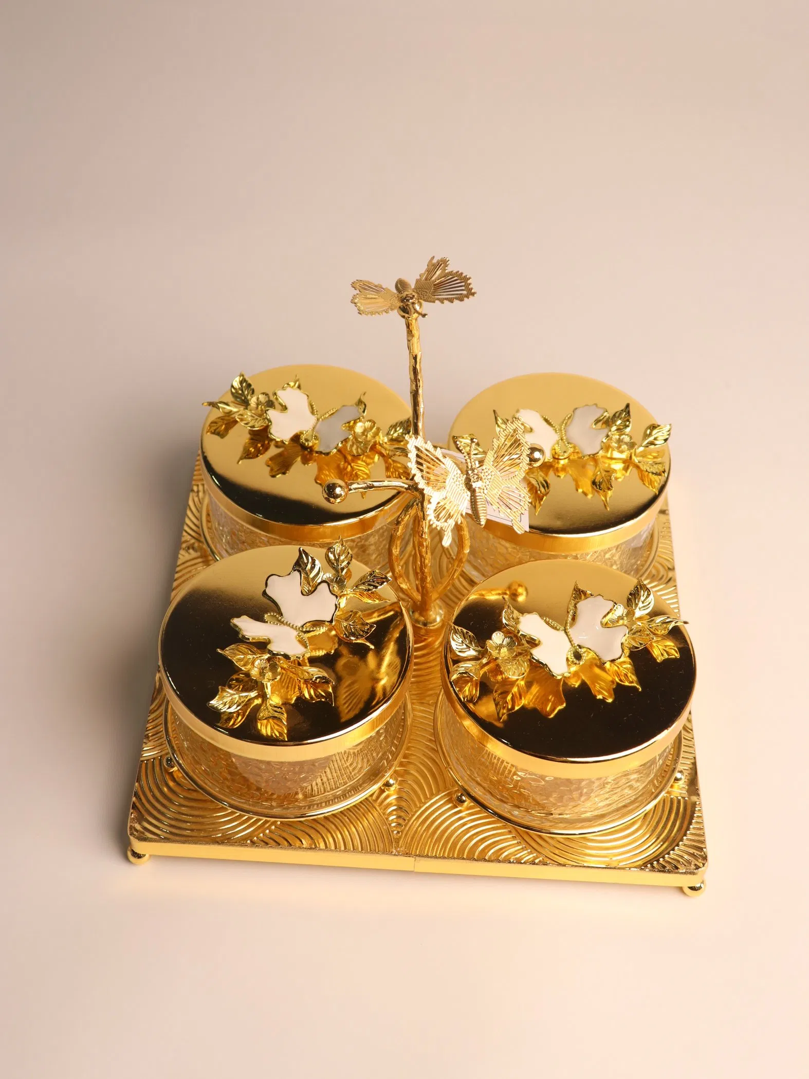 Elegant Butterfly Pattern Fruit Bowl Set with Gold-Plated Iron Stands