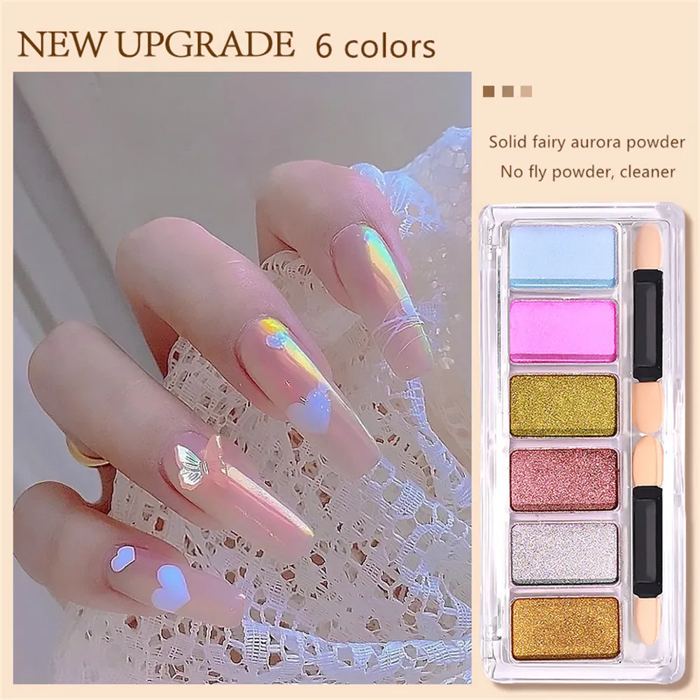 Private label 6 Colors Nail Art Powder Kit Solid Glitter Aurora Powder Set Nail Arylic Powder for Nail Art