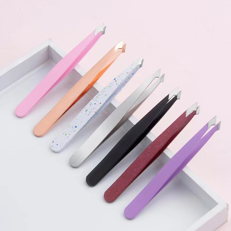 OEM Customized Logo Eyebrow Hair Remover Stainless Steel Black Slanted Tip Eyebrow Tweezers