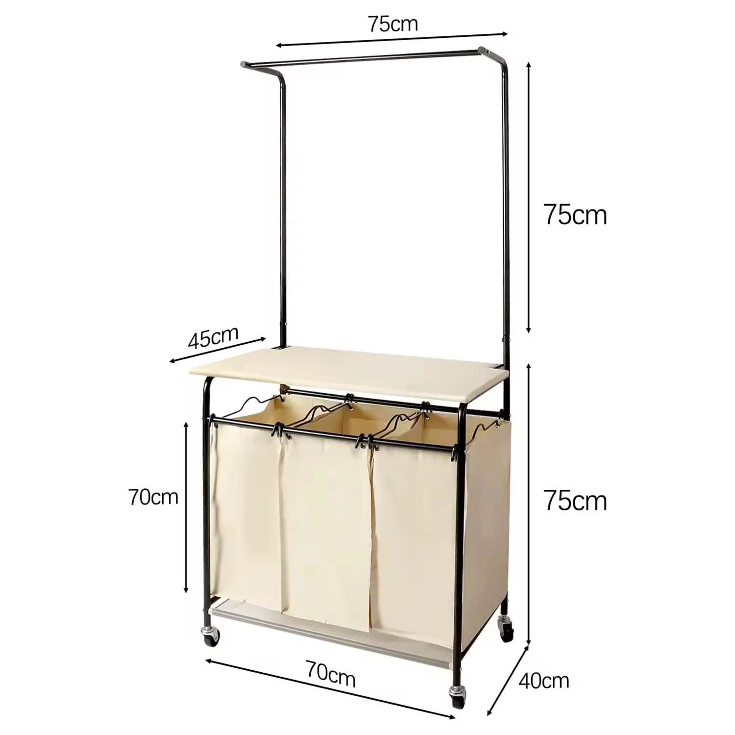 Modern Rolling Laundry Sorter with Adjustable Hanging Bar 3-Bag Metal Steel Laundry Hampers Trolley Cart with Wheels
