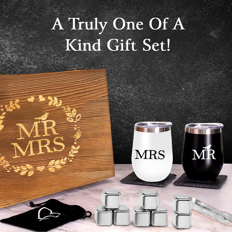 Stainless Steel Wine Tumblers Mr and Mrs with Engraved Wooden Keepsake Box Gift Romantic Wedding Gifts for Newly Married Couple