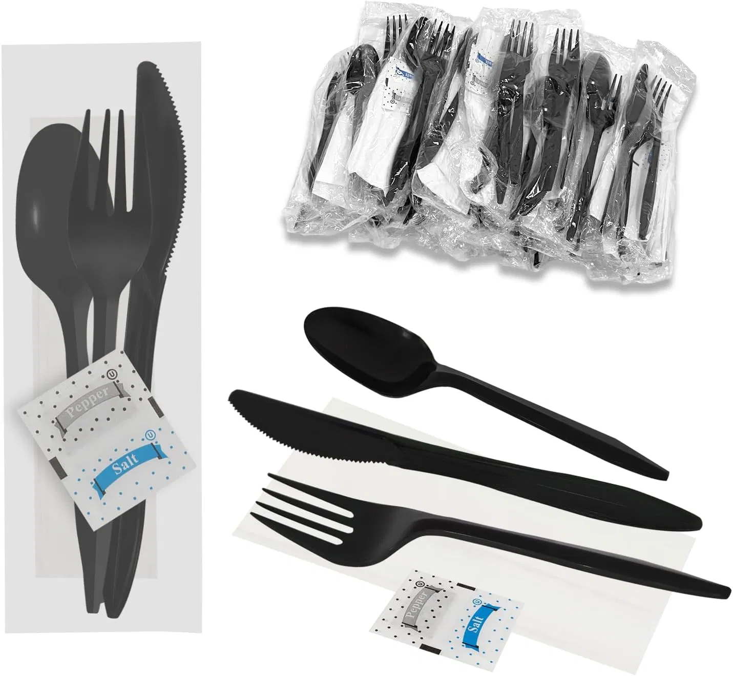 Knife Fork Spoon Napkin Salt Pepper Sets, Individually Wrapped Black Plastic Cutlery