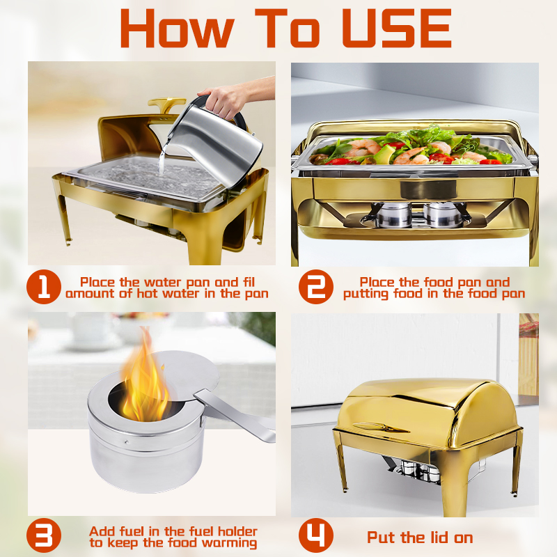 Daosheng Bespoke Export Buffet Catering 9 Liter Stainless Steel Gold Color Chaffing Dishes Buffet Set Food Warmer