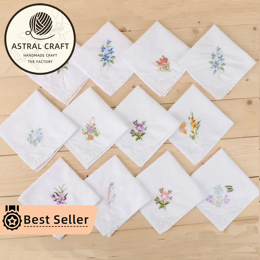 Custom 28cm Embroidered Cotton Handkerchief Flora Lily White Dinner Lace Linen Napkins
