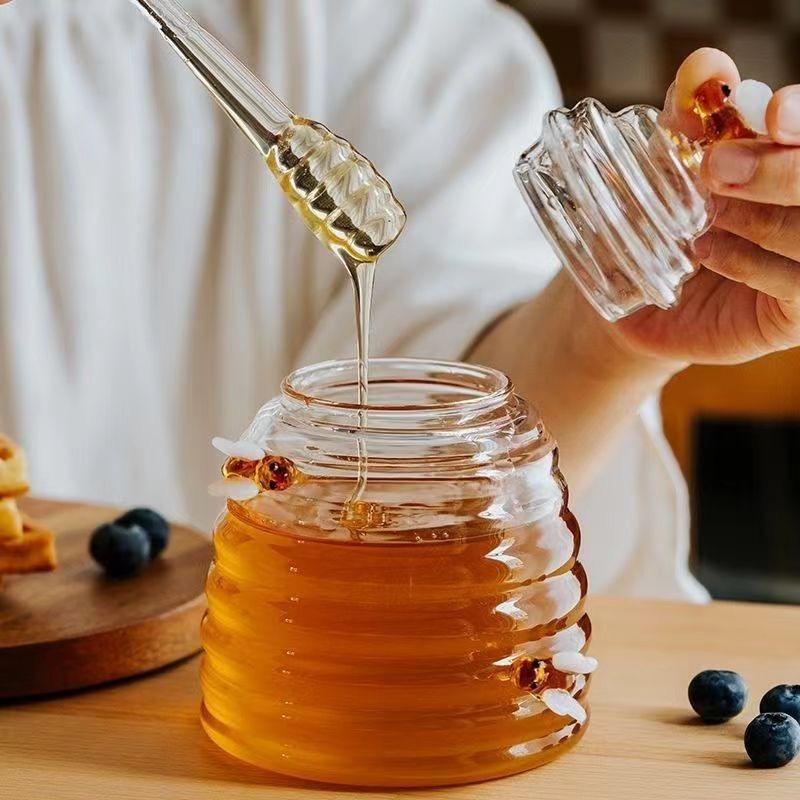 16 Oz Hand-Blown Elegant High Borosilicate Glass Honey Pot with Dipper