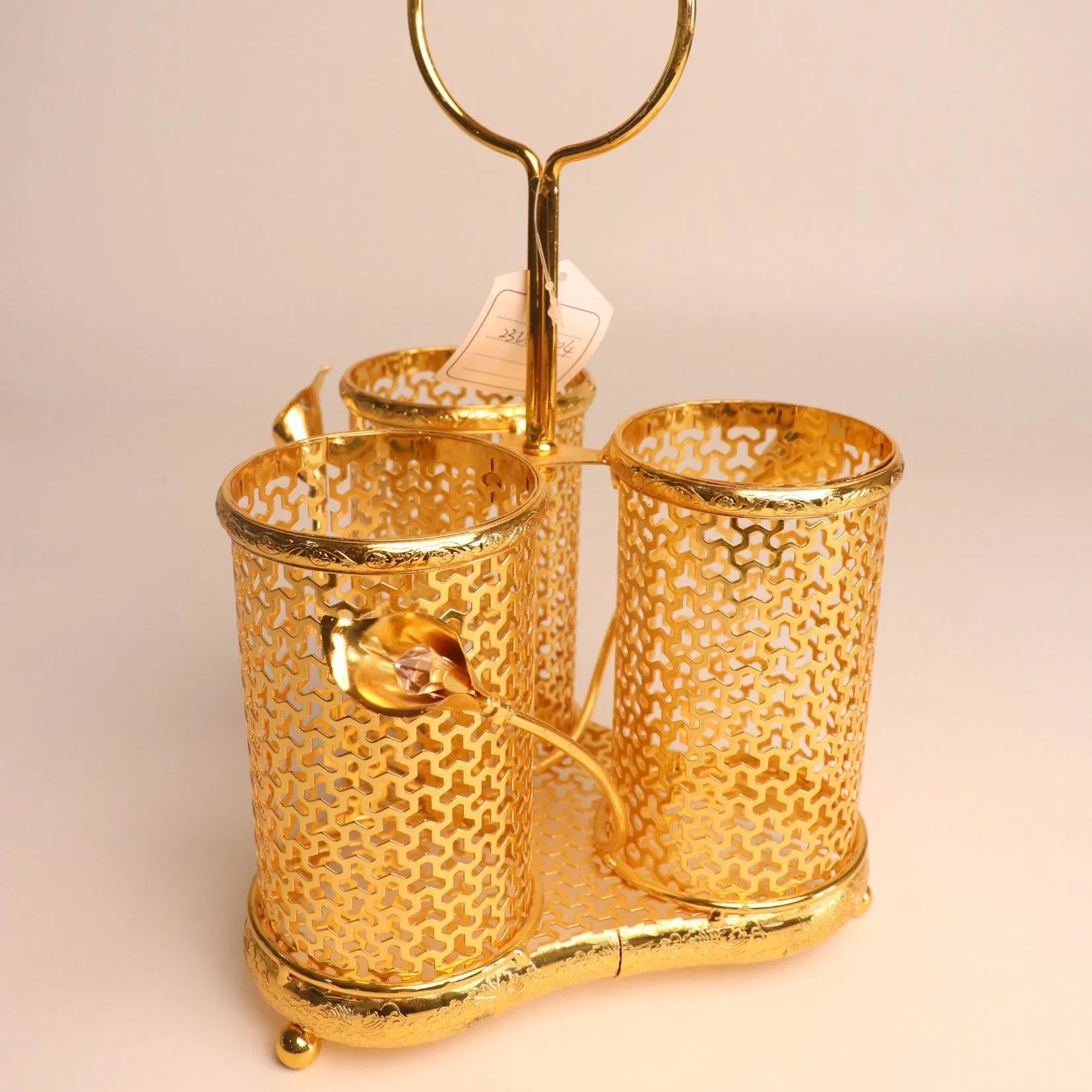 3-Tube Household Gold-Plated Iron Frame, Ceramic Tea Cup Decoration Set