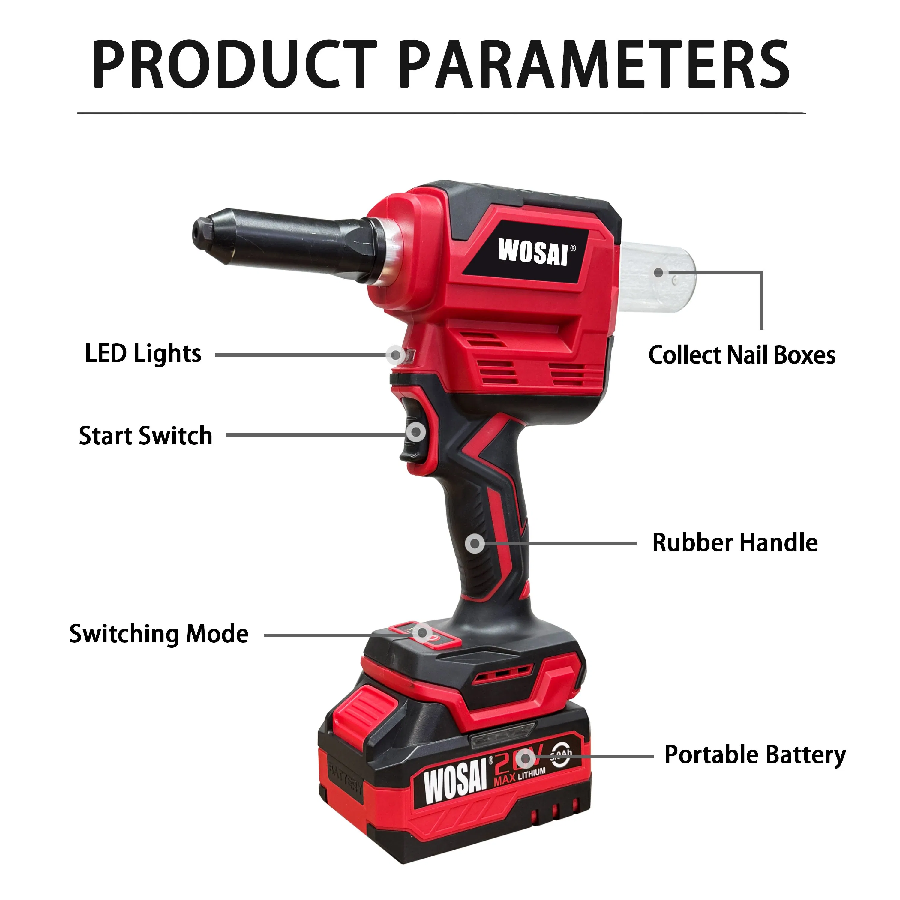 Wosai 20V Brushless Cordless Rivet Nut Tool Kit Power Rivet Nut Gun Electric Battery with LED Light