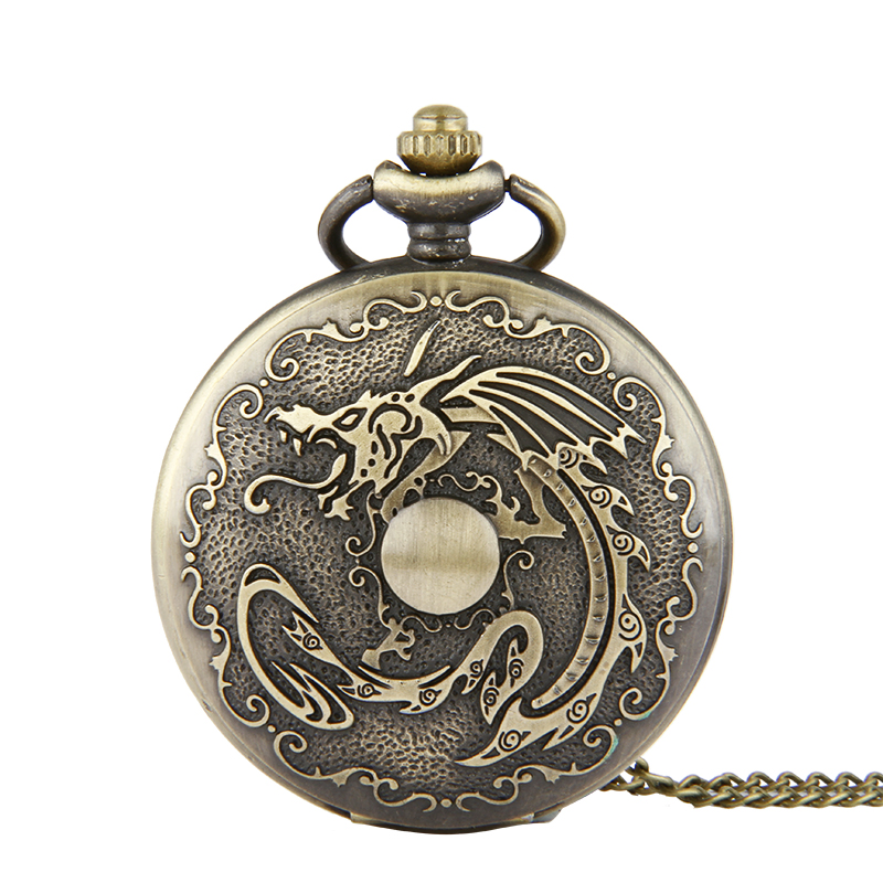 Fashion Quartz Vintage Bronze Dragon Clock Men Women Necklace Chain Pendant Fob Pocket Watch