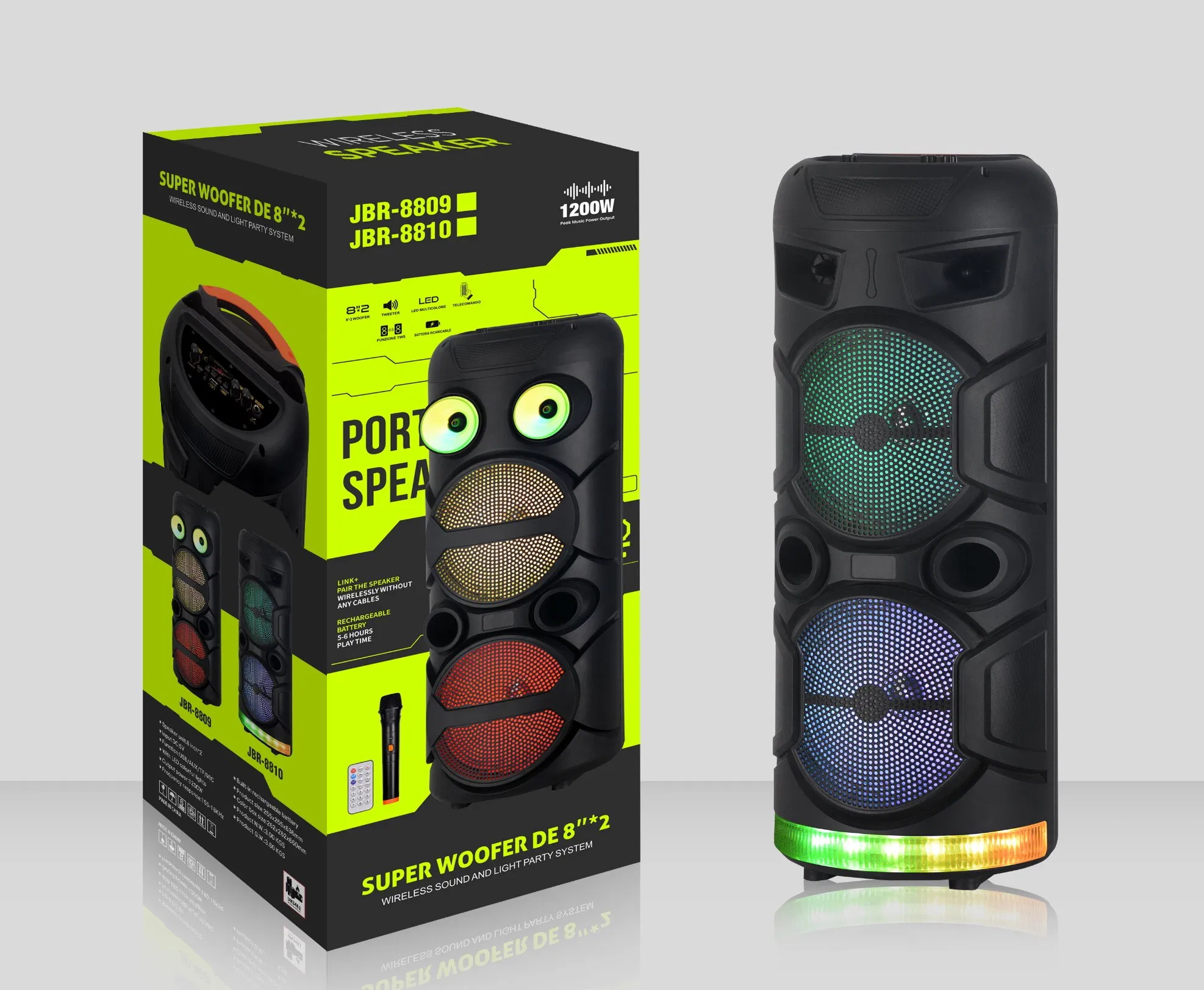 Double 8 Inch Rechargeable Portable Bluetooth Active Speaker Trolley Colorful LED Lights