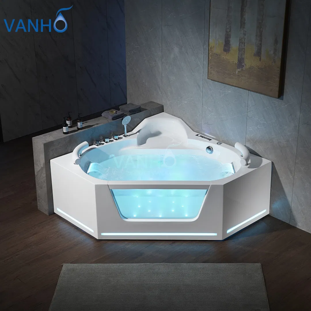 Угловая акриловая ванна с гидромассажем и стеклом