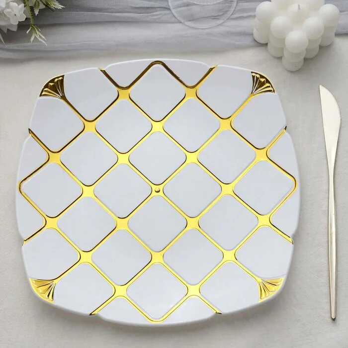 Elegant White Disposable 10" Square Dinner Plates with Gold Lattice