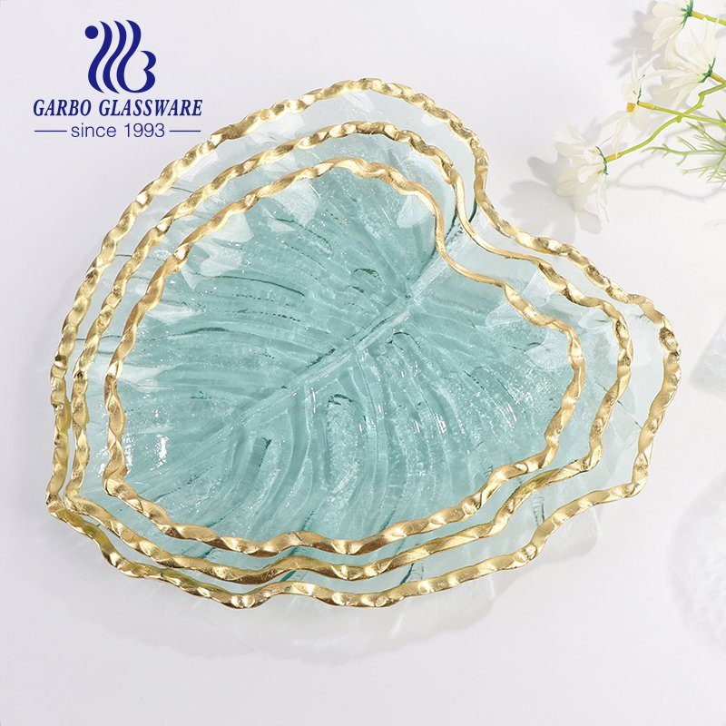 Luxury Leaf Design Golden Rim Soda Lime Glass Clear Dessert Flat Plate