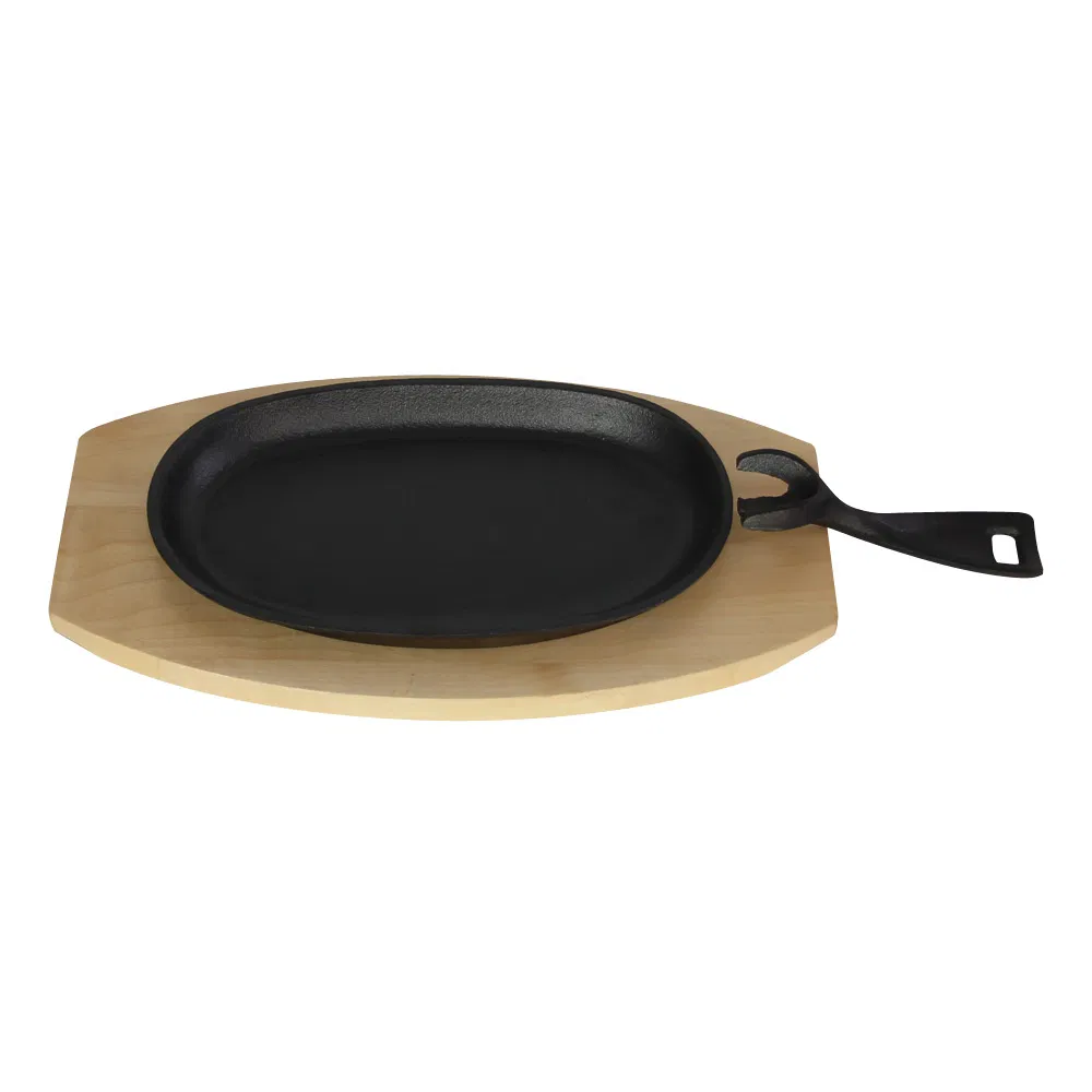 Oval Cast Iron Sizzler Pan Fajita Plate with Wooden Base
