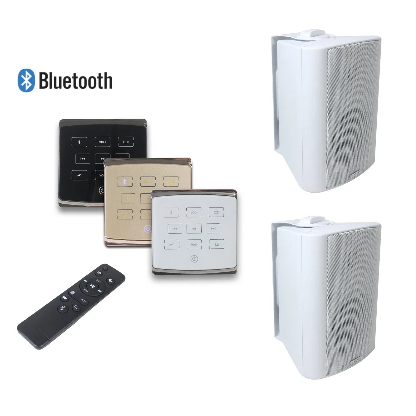 Smart Home Audio Bluetooth Music System 2X25W Wireless Wall Mounted Amplifier with Touch Key and 2 Wall Speakers, Support USB, TF