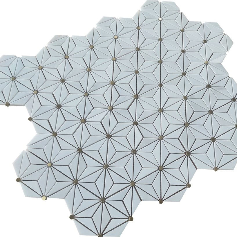 Sevic Brass Triangle Flower Design White Marble Mosaic