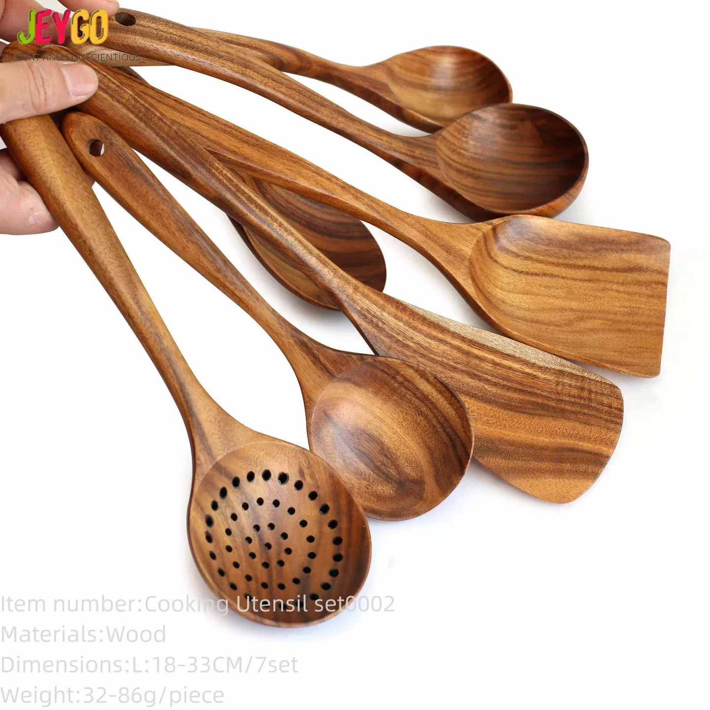 a Set of 7 Natural Acacia Wood Spoons, Forks, Spatulas, and Kitchen Utensils