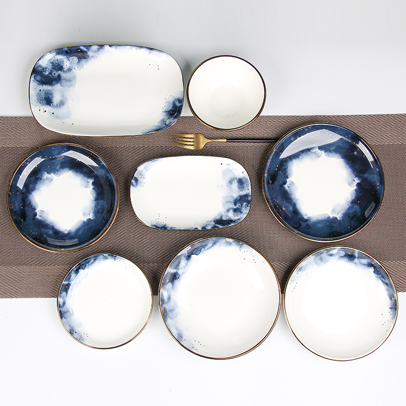 New Design Restaurant Blue Dinner Plate Bowl Ceramic Dinner Set