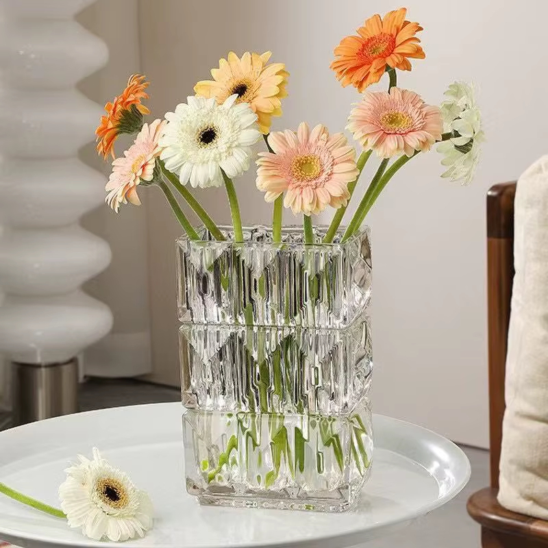 Clear Crystal Glass Vase Hydroponic Flower Pots Desk Decoration Artificial Flower Decorative Floral Arrangement Square Vases