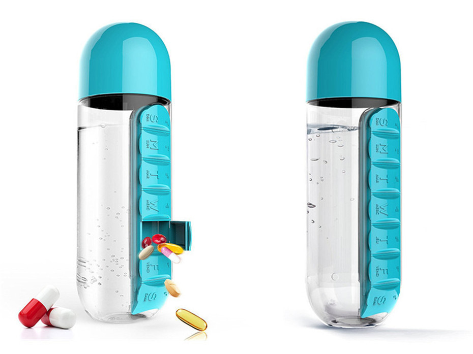 Portable 600ml 2-in-1 Water Cup with 7 Grids Medicine Box Plastic Drink Organizer