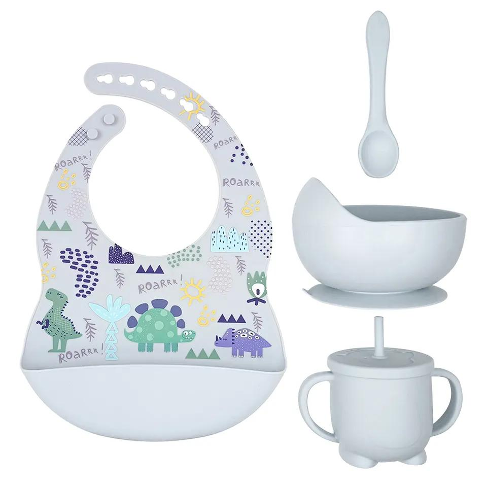 Wholesaleled Weaning Silicone Suction Plate Bowl Spoon Bibs BPA-Free Baby Feeding Set